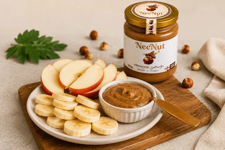 Apple and banana slices with NecNut hazelnut butter dip