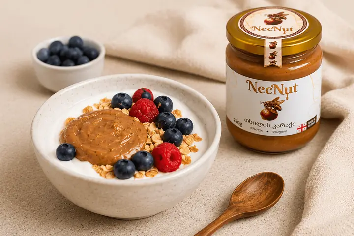 Yogurt bowl with berries and NecNut hazelnut butter